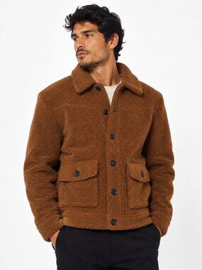 Men’s Brown Sherpa Shearling-Style Button-Front Jacket, S